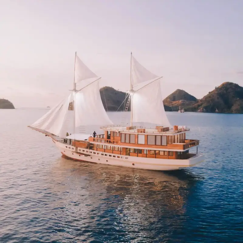 Phinisi under full sail off Komodo
