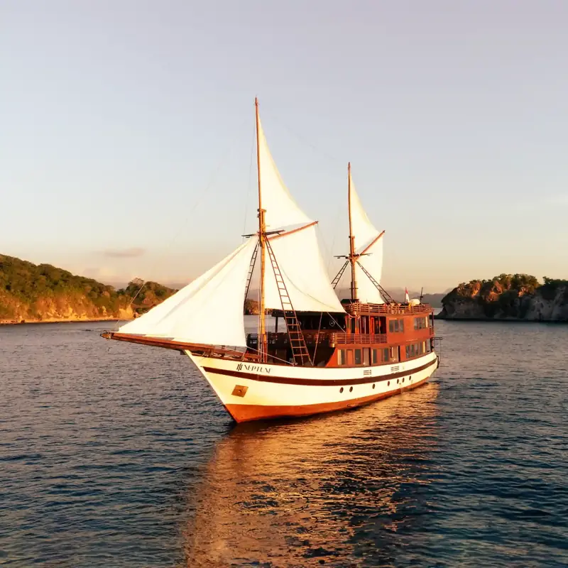 Phinisi sailing at golden hour