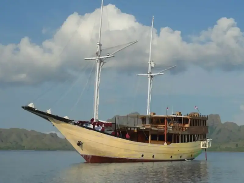 Twin-masted phinisi at anchor off a green island