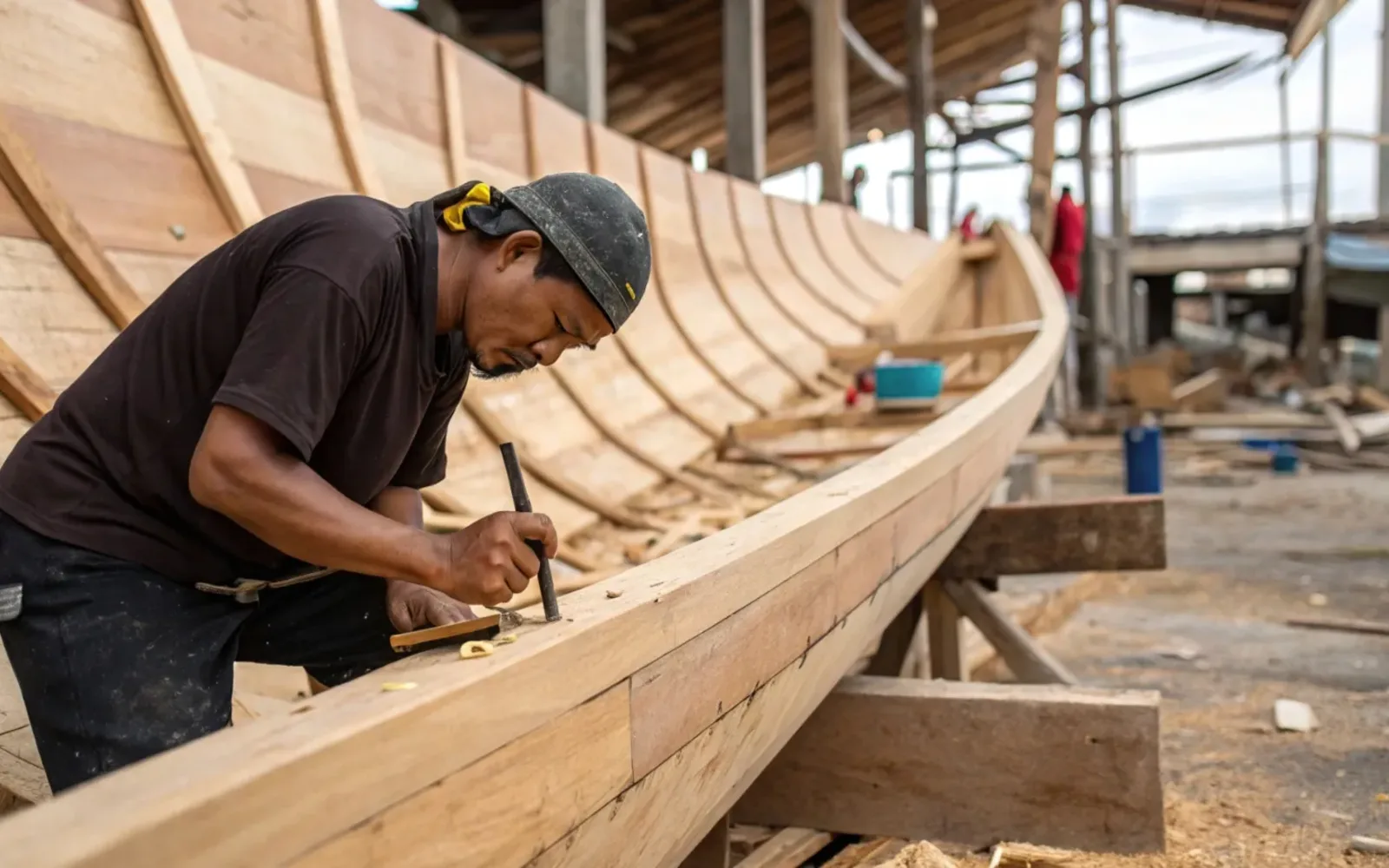 Master builder planing a plank on a wooden phinisi hull at the yard