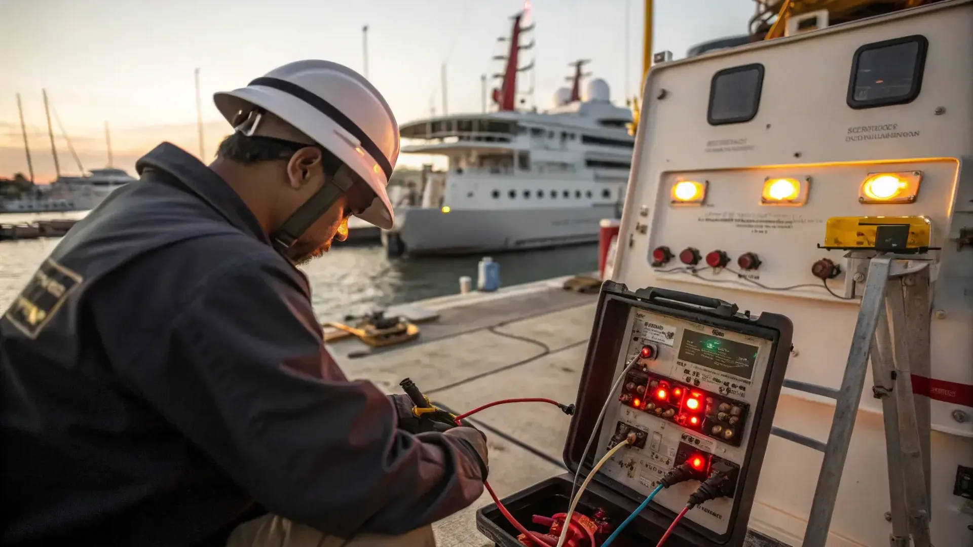 Technician in a hard hat testing a vessel's electrical system at the quay
