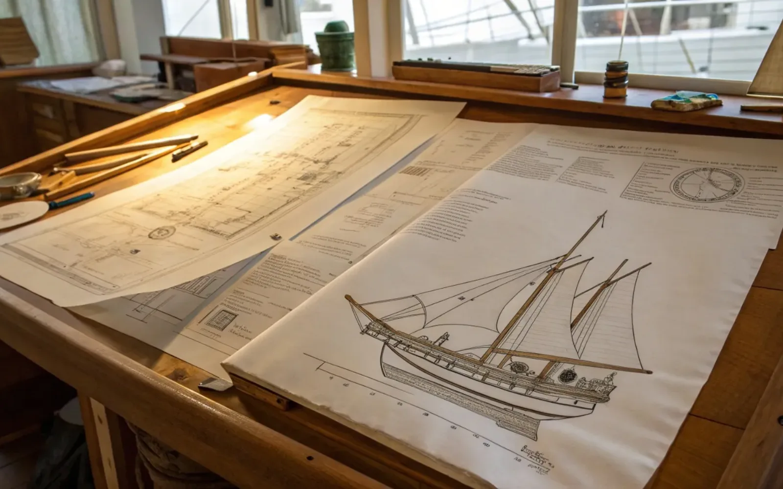 Phinisi drawings and drafting instruments on a designer’s board