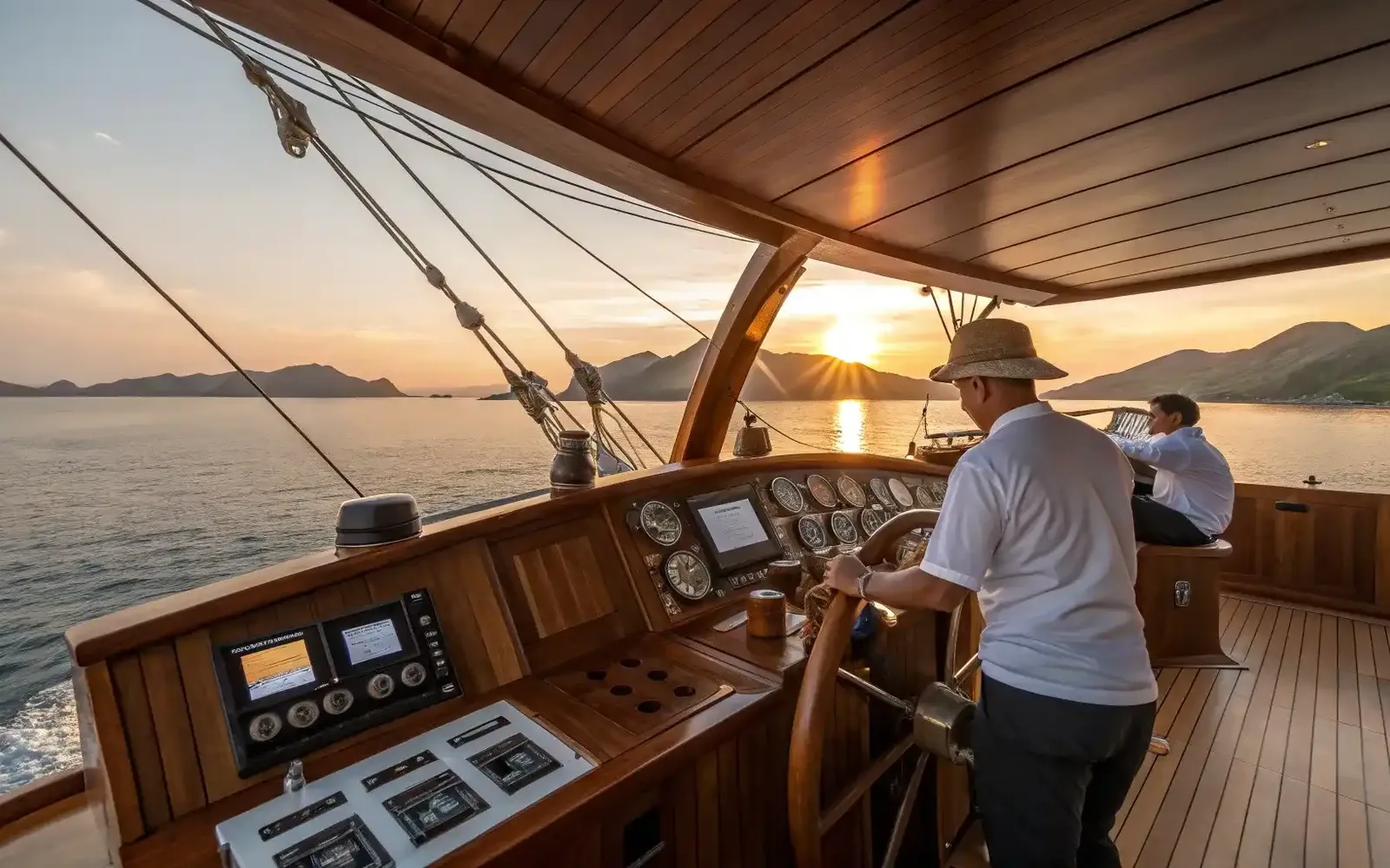 Captain at the helm in a phinisi wheelhouse