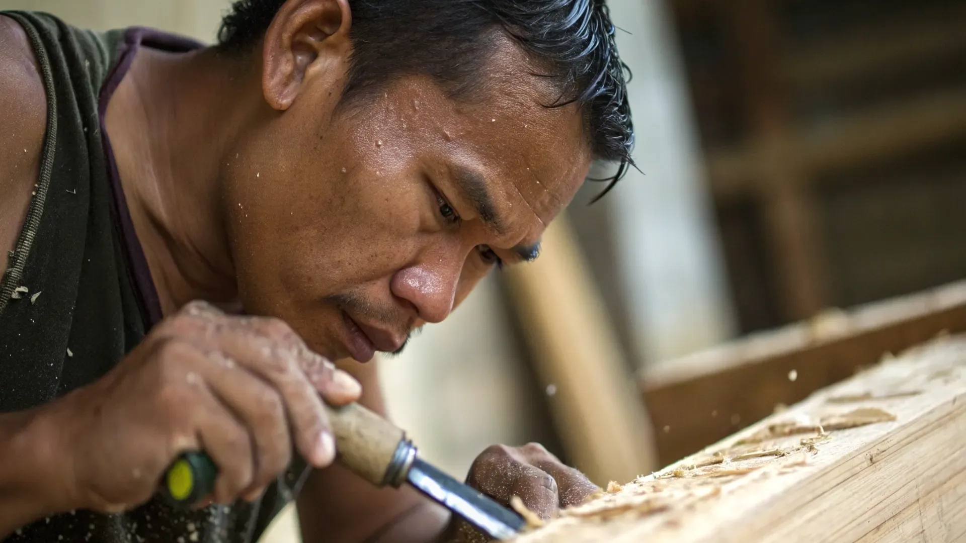 Craftsman hand-carving a timber detail in the boatyard